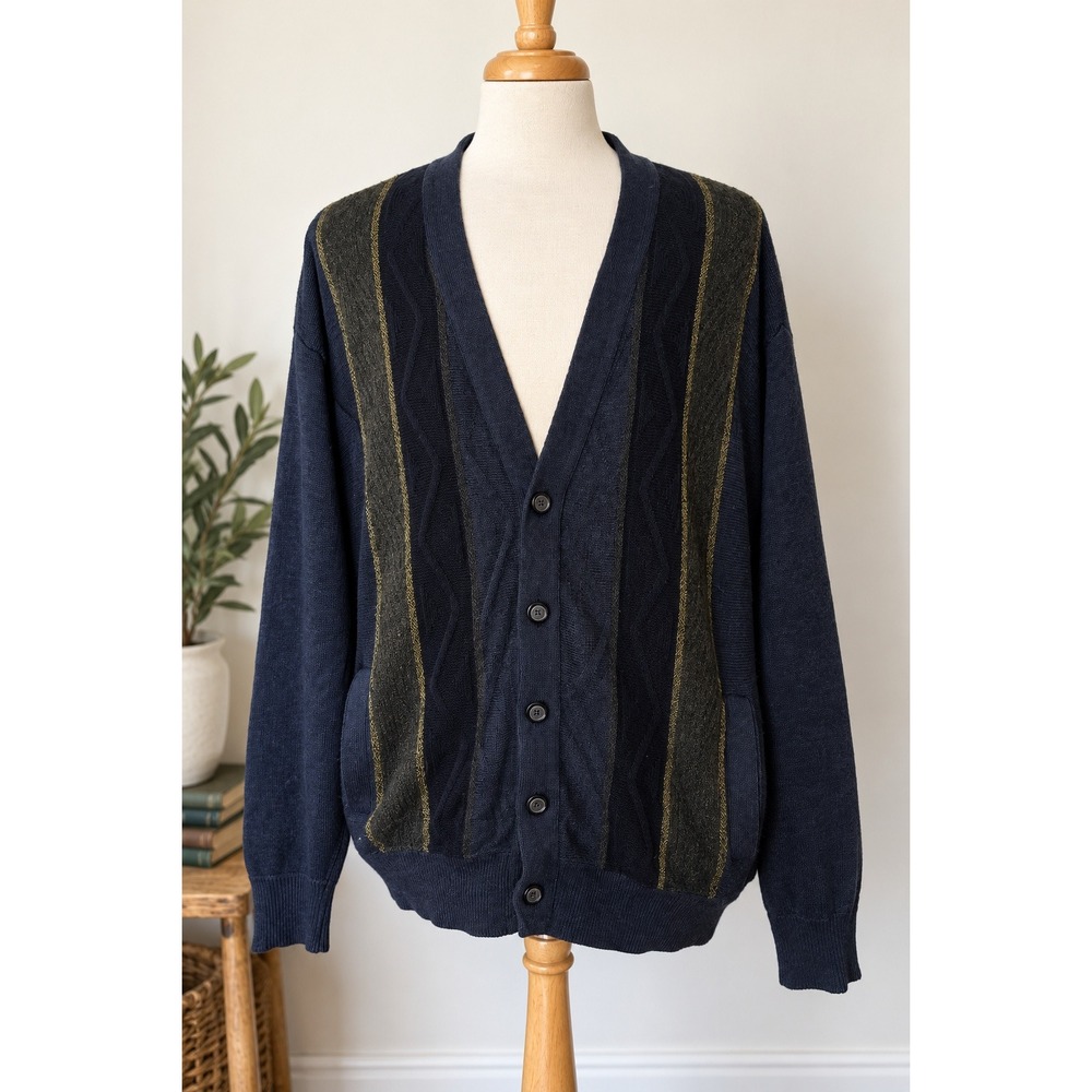 Vintage Men's Made in Canada Grandpacore Striped Knit Cardigan Sweater XXL